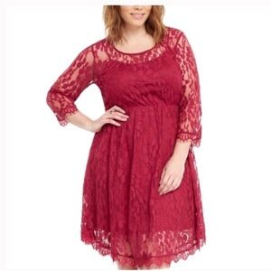 Torrid Burgundy Lace Skater Dress 3/4 Sleeve Size 18